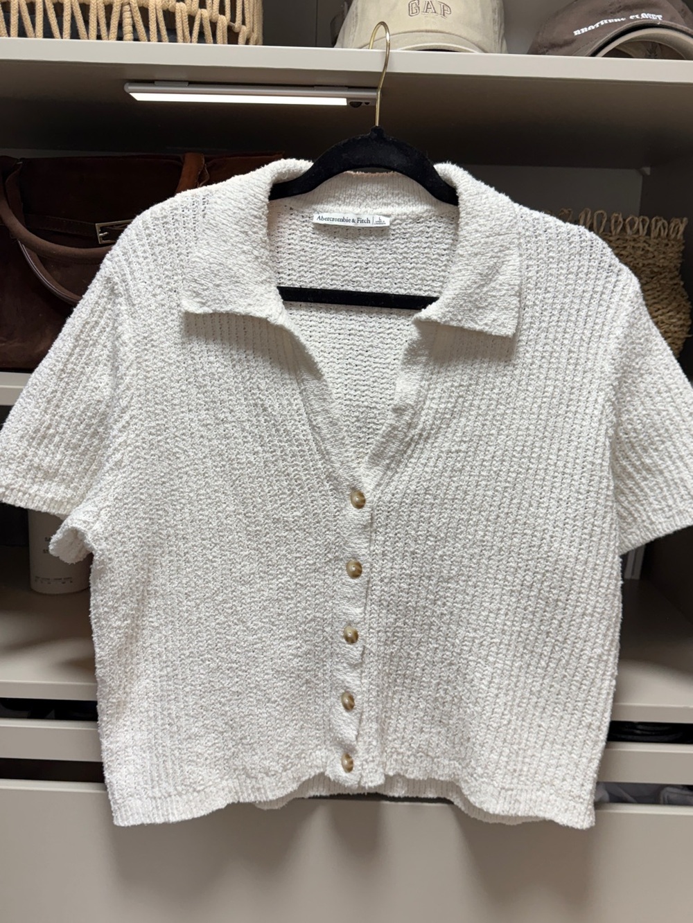 Abercrombie & Fitch Cream knitted Button-Front Short Sleeve Top